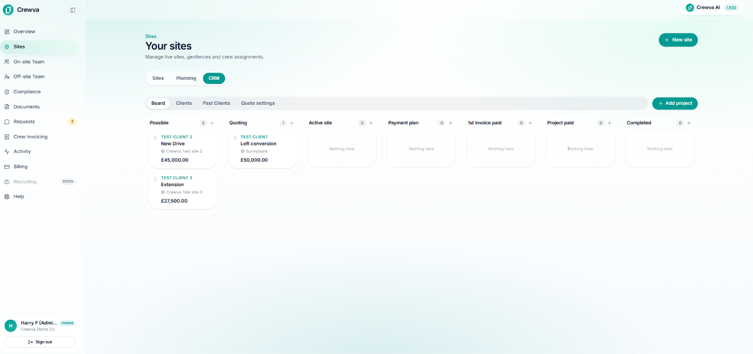 Crewva CRM board with clients, projects and quote stages