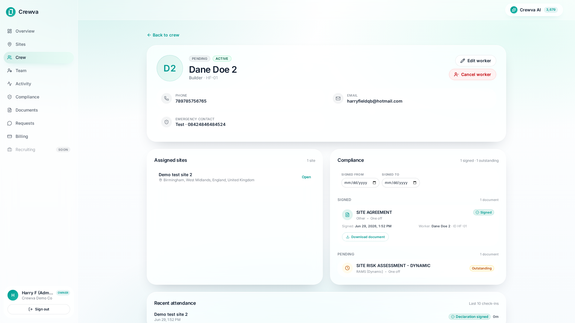 Crewva compliance overview with RAMS, certifications and reminders