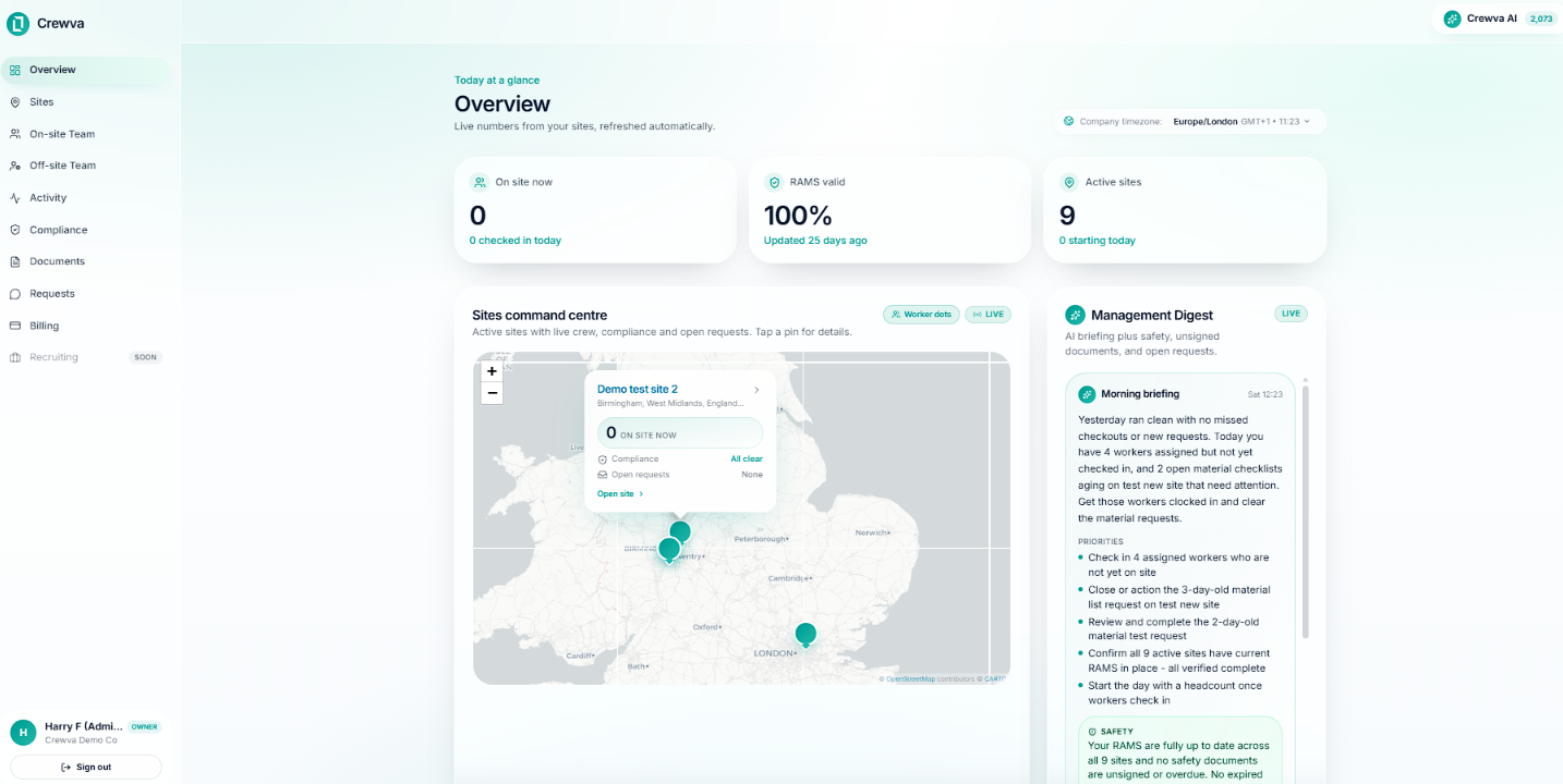 Crewva portal overview with live command centre