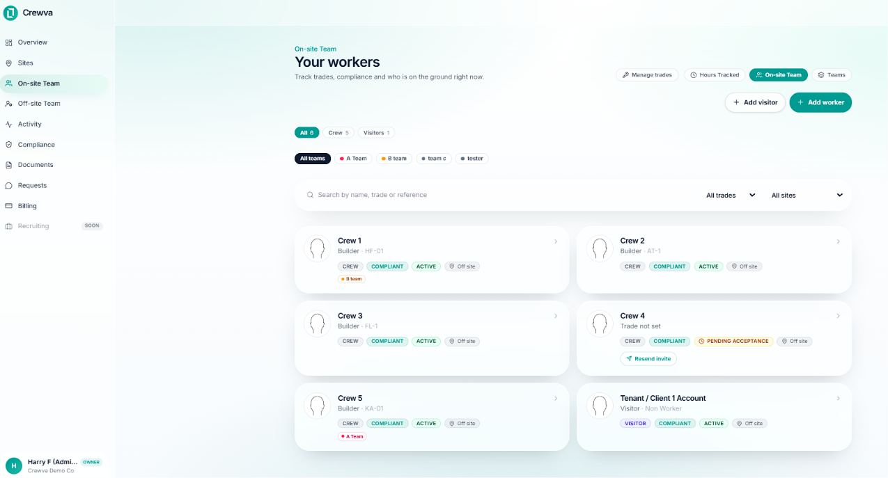 Crewva crew screen with workers and compliance