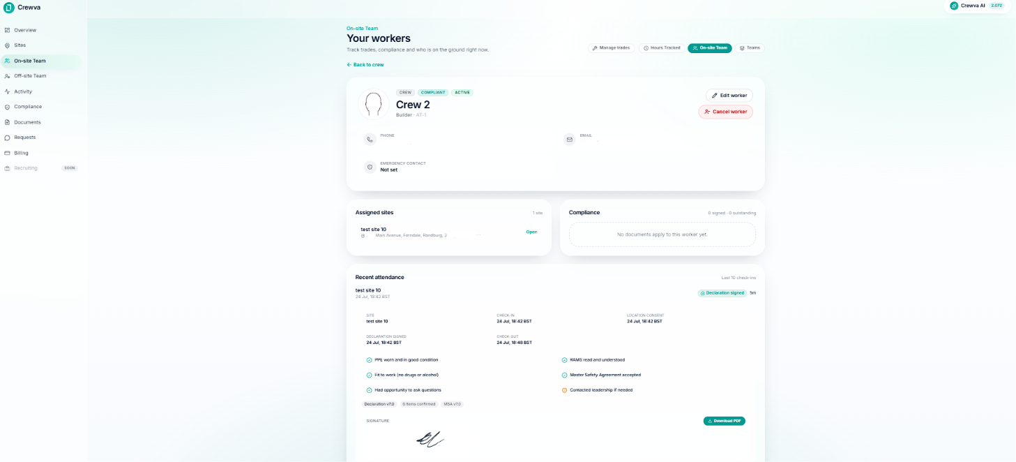 Crewva worker profile with compliance and certs