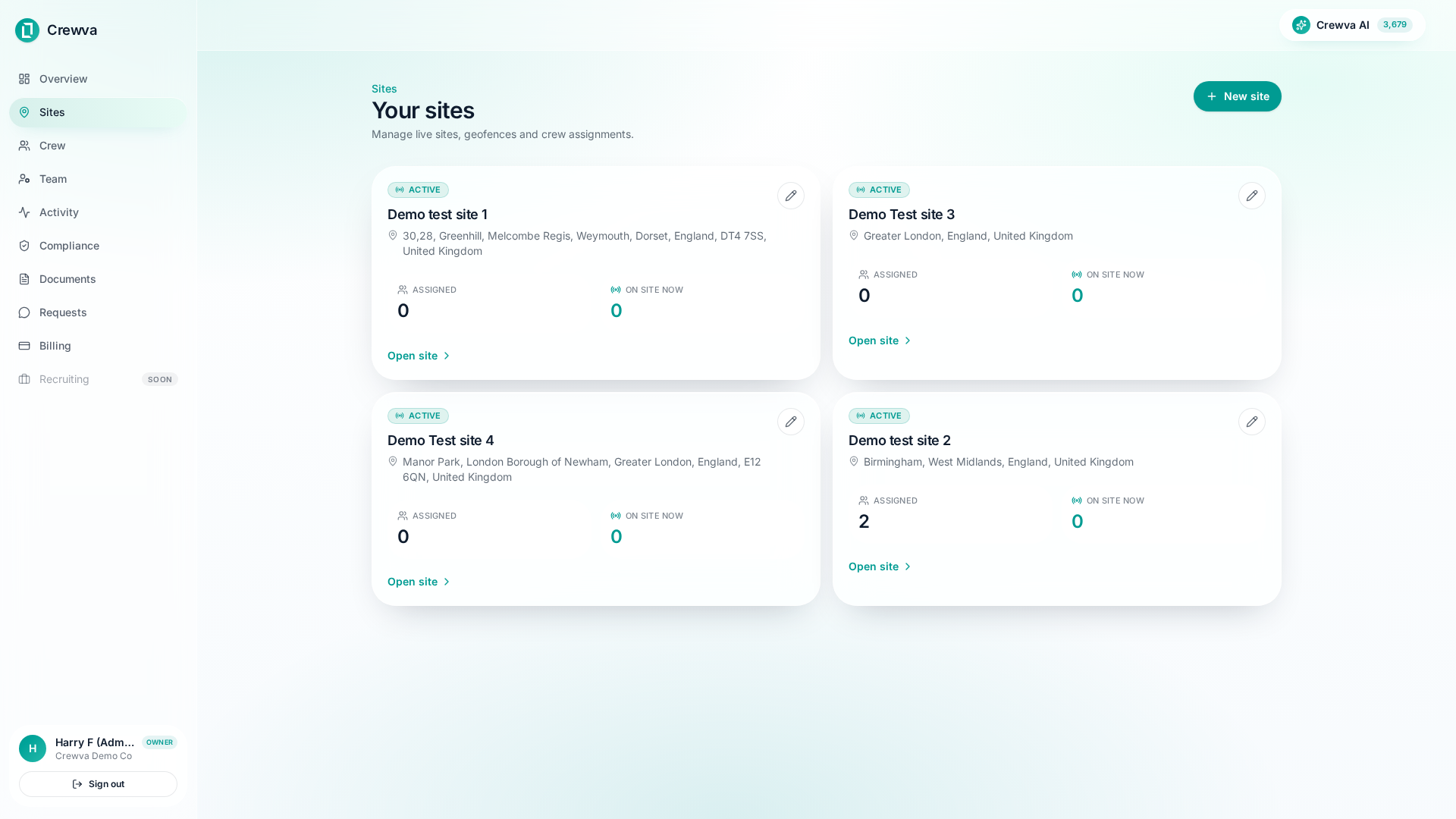 Crewva sites screen with live geofences and on-site counts