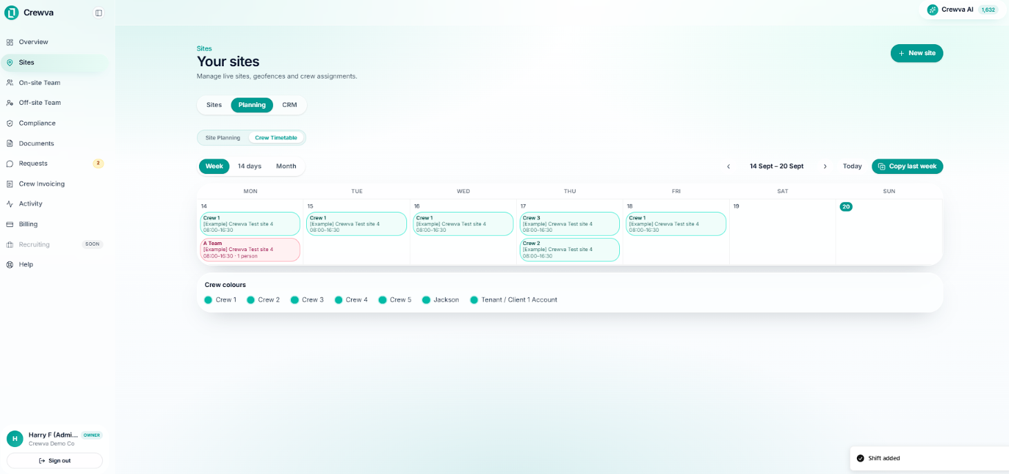Crewva crew timetable with a weekly drag-and-drop rota