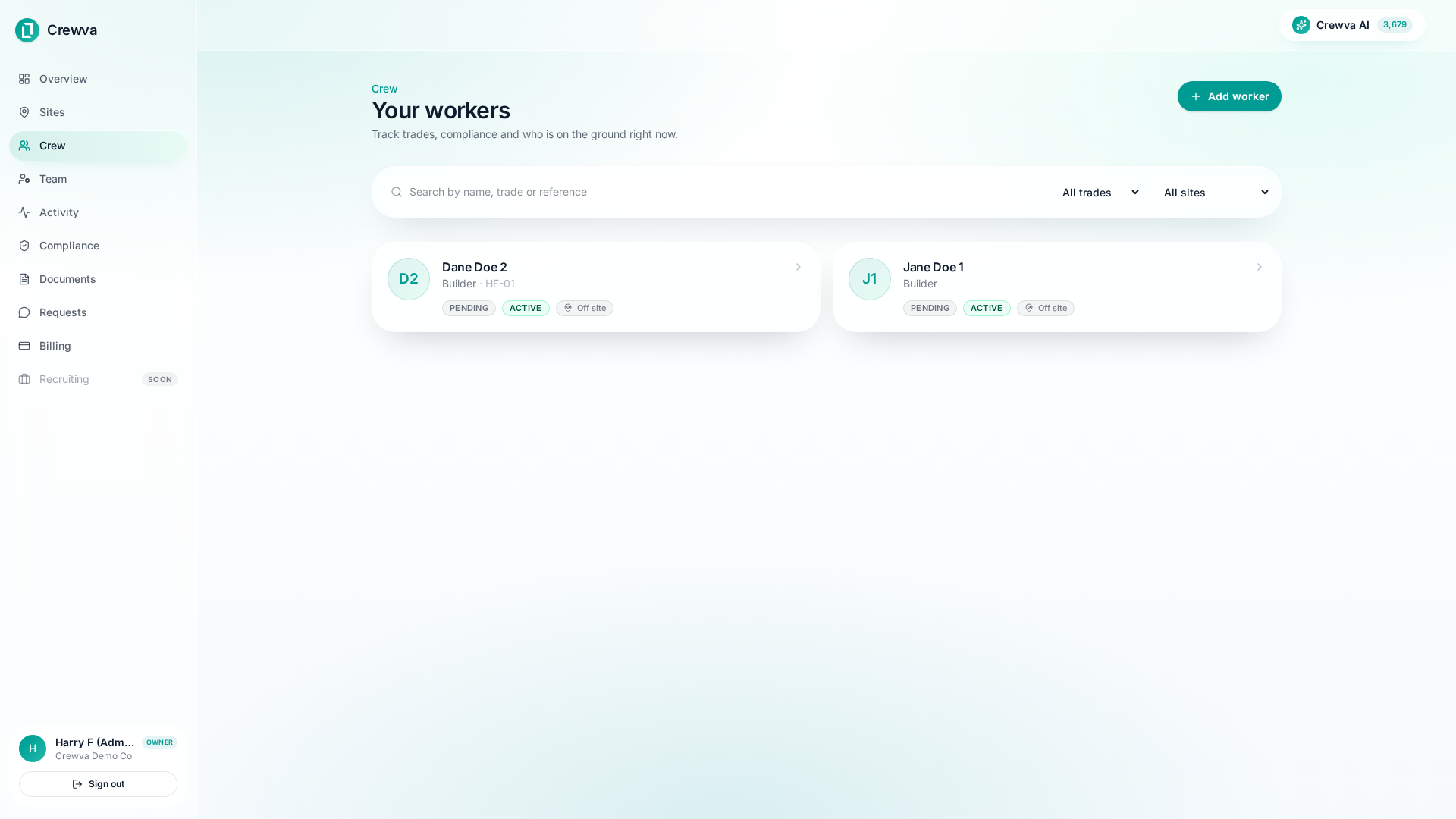 Crewva crew screen with workers and compliance