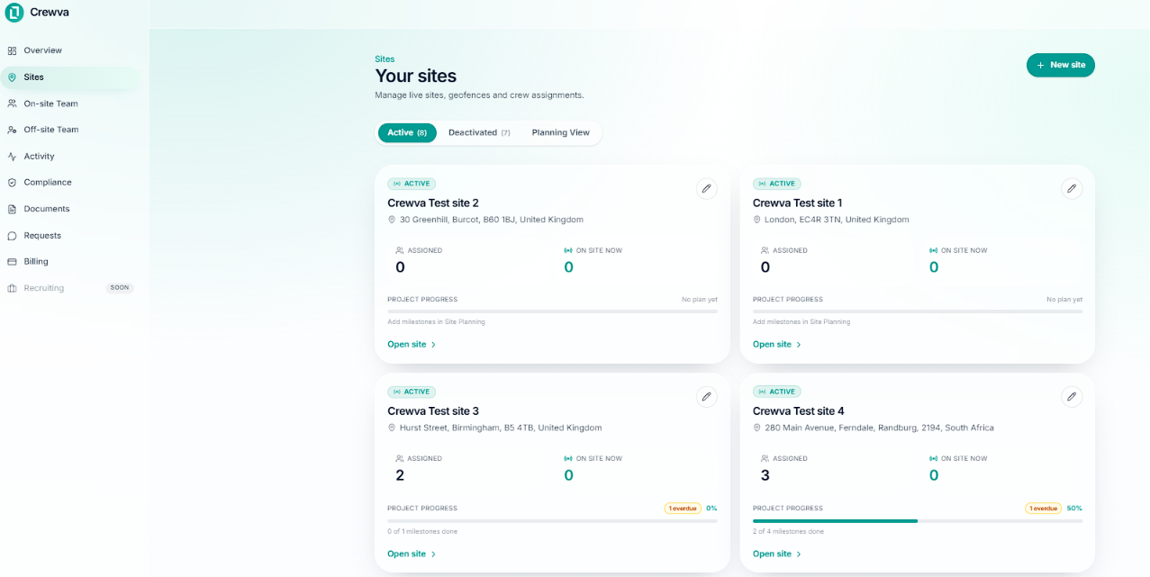 Crewva sites screen